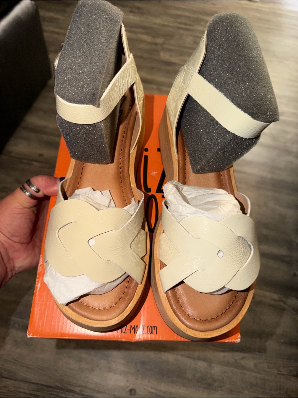 Miz Mooz Cream Leather Wedge Sandals with Ankle Strap - Picture 2 of 6